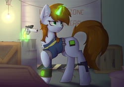Size: 3751x2652 | Tagged: safe, artist:renderpoint, oc, oc only, oc:littlepip, pony, unicorn, fallout equestria, chest fluff, clothes, cutie mark, ear fluff, fanfic, fanfic art, female, glowing horn, gun, handgun, high res, holster, hooves, horn, jumpsuit, levitation, little macintosh, magic, mare, optical sight, pipbuck, raised hoof, revolver, solo, telekinesis, vault suit, weapon