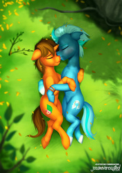 Size: 905x1279 | Tagged: safe, artist:jcosneverexisted, oc, oc only, oc:ice walker, oc:splash heal, pony, blushing, commission, eyes closed, forest, gay, lying down, male, patreon, reward, shipping, stallion, stallion on stallion