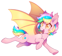 Size: 941x849 | Tagged: safe, artist:tsurime, oc, oc only, oc:paper stars, bat pony, pony, amputee, bandage, bat pony oc, cute, cute little fangs, ear fluff, fangs, flying, missing limb, multicolored hair, open mouth, simple background, solo, transparent background