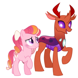 Size: 1460x1460 | Tagged: safe, artist:carouselunique, pharynx, oc, oc:honeycrisp blossom, changedling, changeling, earth pony, pony, g4, alternate color palette, base used, bow, female, filly, freckles, hair bow, offspring, parent:big macintosh, parent:princess cadance, parents:cadmac, prince pharynx, raised hoof, simple background, transparent background
