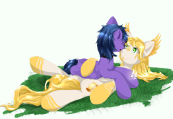 Size: 2900x2000 | Tagged: safe, artist:nihithebrony, oc, oc:feather freight, oc:mercury stratos, pegasus, pony, duo, feathered ears, grass, green background, high res, looking at each other, lying on top of someone, on back, simple background