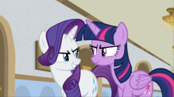 Size: 1667x927 | Tagged: safe, screencap, rarity, twilight sparkle, alicorn, pony, unicorn, friendship university, g4, season 8, confident, duo, duo female, evil smile, eye contact, female, folded wings, grin, looking at each other, looking at someone, mare, smiling, smiling at each other, smirk, staring contest, twilight sparkle (alicorn), wings