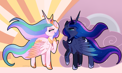 Size: 3500x2094 | Tagged: safe, artist:emera33, princess celestia, princess luna, alicorn, pony, g4, duo, ethereal mane, female, high res, hoof shoes, mare, royal sisters, siblings, sisters, starry mane, sunburst background