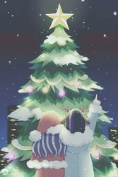 Size: 1333x2000 | Tagged: dead source, safe, artist:tbcw, starlight glimmer, twilight sparkle, human, g4, christmas, christmas tree, clothes, coat, costume, female, hat, holiday, humanized, lesbian, pointing, santa costume, santa hat, ship:twistarlight, shipping, stars, tree