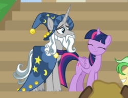 Size: 535x411 | Tagged: safe, screencap, star swirl the bearded, twilight sparkle, alicorn, pony, friendship university, g4, cropped, cute, duo focus, female, male, offscreen character, smiling, twiabetes, twilight sparkle (alicorn)