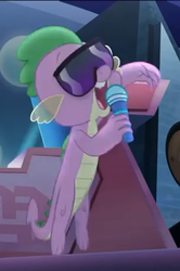Size: 305x458 | Tagged: safe, screencap, spike, g4, my little pony: the movie, claws, cropped, glasses, great moments in animation, male, mc spike, microphone, open mouth, smiling, tail