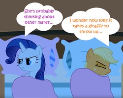 Size: 1916x1518 | Tagged: safe, edit, edited screencap, editor:leonidus, screencap, applejack, rarity, earth pony, pony, unicorn, g4, look before you sleep, bed, covers, freckles, frown, funny, golden oaks library, implied lesbian, implied rarijack, implied shipping, jealous, meme, pillow, smiling, smirk, text, thinking, thought bubble