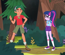 Size: 722x621 | Tagged: safe, screencap, sci-twi, timber spruce, twilight sparkle, equestria girls, g4, boots, camp everfree logo, camp everfree outfits, clothes, converse, cropped, female, glasses, legs, male, ponytail, shoes, shorts, smiling, sneakers, socks