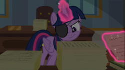 Size: 1667x938 | Tagged: safe, screencap, twilight sparkle, alicorn, pony, friendship university, g4, disguise, eyepatch, eyepatch (disguise), female, glowing horn, horn, levitation, magic, magic aura, mare, solo, telekinesis, twilight sparkle (alicorn)