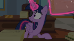 Size: 1667x938 | Tagged: safe, screencap, twilight sparkle, alicorn, pony, friendship university, g4, disguise, eyepatch, eyepatch (disguise), female, glowing horn, horn, levitation, magic, mare, scared, shocked, solo, telekinesis, twilight sparkle (alicorn)