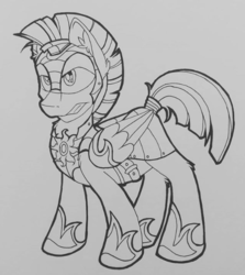 Size: 535x600 | Tagged: safe, artist:mychelle, oc, oc only, pegasus, pony, armor, clothes, ear fluff, gray background, leg fluff, lineart, male, monochrome, royal guard, shoes, simple background, solo, stallion, traditional art