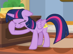 Size: 936x694 | Tagged: safe, screencap, twilight sparkle, alicorn, pony, friendship university, g4, blinded, cropped, eyes closed, female, floppy ears, solo, twilight sparkle (alicorn), wavy mouth