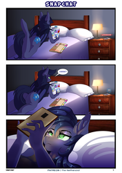 Size: 2066x2918 | Tagged: safe, artist:theneithervoid, oc, oc only, oc:halfmoon, oc:velvet von karma, bat pony, pegasus, unicorn, anthro, comic:snapchat, bat wings, bed, bottomless, clothes, comic, cutie mark, ear fluff, female, high res, hooves, horn, lamp, lying down, mare, partial nudity, phone, pillow, prone, wings