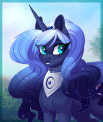 Size: 1624x1920 | Tagged: safe, artist:silkensaddle, derpibooru exclusive, princess luna, alicorn, pony, g4, bust, chest fluff, cute, ear fluff, ethereal mane, eye clipping through hair, female, freckles, gradient mane, looking away, lunabetes, mare, peytral, portrait, redesign, shoulder freckles, smiling, solo, starry mane