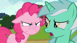 Size: 960x540 | Tagged: safe, edit, edited screencap, editor:lolledits, screencap, lyra heartstrings, pinkie pie, earth pony, pony, unicorn, g4, rock solid friendship, angry, animated, ears back, female, gif, literal face off, mare, no face, not salmon, scared, unexpected, wat