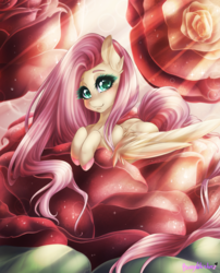 Size: 1749x2160 | Tagged: safe, artist:bunnywhiskerz, fluttershy, pegasus, pony, g4, cute, female, flower, looking at you, mare, rose, shyabetes, smiling, solo