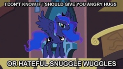 Size: 600x337 | Tagged: safe, edit, edited screencap, screencap, princess luna, alicorn, pony, g4, princess twilight sparkle (episode), angry, female, hoof shoes, hugs?, mare, peytral, snuggling, solo, unhappy