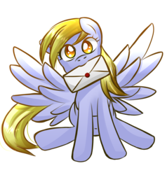 Size: 1560x1640 | Tagged: safe, artist:phoenixgoldensilver, derpy hooves, pegasus, pony, g4, colored pupils, cute, derpabetes, female, letter, mare, mouth hold, simple background, sitting, solo, spread wings, transparent background, wings