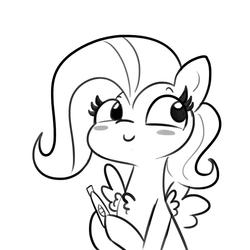Size: 1650x1650 | Tagged: safe, artist:tjpones, fluttershy, pegasus, pony, g4, blushing, chest fluff, female, grayscale, hoof hold, implied pregnancy, lineart, mare, meme, monochrome, pregnancy test, pregnancy test meme, simple background, solo, spread wings, white background, wings