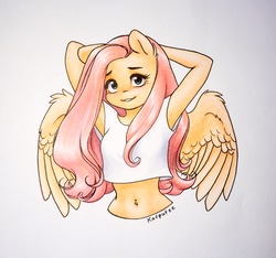 Size: 2472x2318 | Tagged: safe, artist:katputze, fluttershy, pegasus, anthro, g4, belly button, belly piercing, bellyring, breasts, clothes, cute, female, high res, looking at you, mare, midriff, piercing, reasonably sized breasts, shirt, shyabetes, solo, traditional art