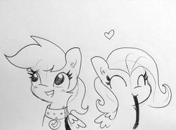 Size: 1615x1189 | Tagged: safe, artist:tjpones, fluttershy, rainbow dash, pony, g4, black and white, blushing, collar, cute, ear fluff, eyes closed, female, floating heart, grayscale, heart, implied flutterdash, implied lesbian, implied pet play, implied shipping, leash, lesbian, lineart, mare, monochrome, mouth hold, open mouth, pencil drawing, pet play, pet tag, pet-dash, ship:flutterdash, shipping, simple background, smiling, traditional art