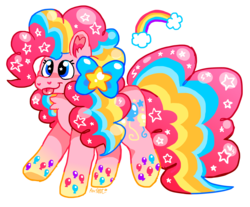 Size: 3000x2479 | Tagged: safe, artist:raystarkitty, pinkie pie, earth pony, pony, g4, alternate hairstyle, bow, chest fluff, colored lineart, colorful, cute, ear fluff, ethereal mane, female, hair bow, high res, kidcore, long mane, long tail, mare, rainbow, rainbow power, signature, simple background, smiling, solo, sparkles, starry mane, tongue out, transparent background, wingding eyes