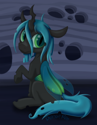 Size: 1275x1650 | Tagged: safe, artist:plaguerat, oc, oc:pupa, changeling, changeling queen, fanfic:to be a changeling, changeling oc, fanfic, fanfic art, fanfic cover, female, filly, floppy ears, horn, insect wings, looking at you, mane, simple background, tail, underhoof, wings