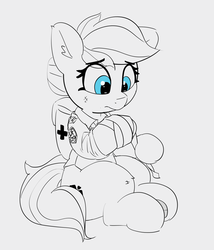 Size: 2531x2952 | Tagged: safe, artist:pabbley, nurse redheart, earth pony, pony, g4, backpack, bandage, blue eyes, clothes, combat medic, cutie mark, ear fluff, eyelashes, female, hair bun, high res, mare, medic, monochrome, partial color, patch, shirt, simple background, sitting, solo, white background
