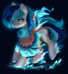 Size: 2930x3159 | Tagged: safe, artist:aphphphphp, oc, oc only, pegasus, pony, black background, blue fire, crystal, female, high res, looking at you, mare, simple background, smiling, solo