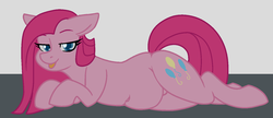 Size: 1280x551 | Tagged: safe, artist:/d/non, pinkie pie, earth pony, pony, g4, :p, chubby, colored pupils, cute, cuteamena, female, lidded eyes, lying down, mare, pinkamena diane pie, plump, silly, solo, tongue out