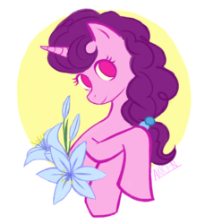 Size: 1280x1396 | Tagged: safe, artist:ano-ene, sugar belle, pony, unicorn, g4, abstract background, cute, female, flower, looking at you, mare, no pupils, signature, solo, sugarbetes