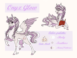 Size: 3014x2282 | Tagged: safe, artist:marbola, oc, oc only, oc:onyx glow, pegasus, pony, book, braid, female, high res, looking at you, mare, next generation, offspring, parent:flash sentry, parent:twilight sparkle, parents:flashlight, raised hoof, reference sheet, sitting, smiling, spread wings, tail feathers, wings