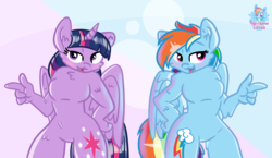 Size: 1907x1109 | Tagged: safe, artist:rainbow eevee, rainbow dash, twilight sparkle, alicorn, pegasus, anthro, g4, barbie doll anatomy, bedroom eyes, blushing, breasts, cutie mark, duo, featureless breasts, female, hand on hip, hips, lesbian, pointing, ship:twidash, shipping, simple background, twilight sparkle (alicorn), wings