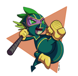 Size: 3000x2934 | Tagged: safe, artist:genisay, spike, dragon, g4, action pose, clothes, commission, costume, crossover, eskrima sticks, high res, jumping, kick-ass, kicking, male, mask, simple background, solo, superhero, transparent background, weapon