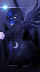 Size: 1080x1920 | Tagged: safe, artist:dorokuma_angie, princess luna, spirit of hearth's warming yet to come, alicorn, semi-anthro, g4, clothes, cutie mark, female, glowing horn, hoodie, horn, lidded eyes, looking at you, shoes, smiling, smirk, solo, spread wings, standing, wings