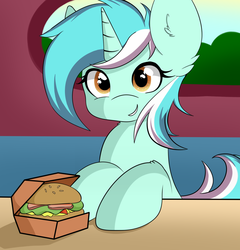 Size: 1231x1280 | Tagged: safe, artist:francis.w, lyra heartstrings, pony, unicorn, g4, burger, cute, female, food, looking at you, lyrabetes, smiling, smiling at you, solo