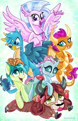 Size: 2650x4096 | Tagged: dead source, safe, artist:sophie scruggs, gallus, ocellus, sandbar, silverstream, smolder, yona, changedling, changeling, classical hippogriff, dragon, earth pony, griffon, hippogriff, pony, yak, g4, :p, bow, cloven hooves, colored hooves, colored pupils, cute, diaocelles, diastreamies, dragoness, female, gallabetes, hair bow, jewelry, looking at you, male, monkey swings, necklace, open mouth, prone, sandabetes, signature, silly, smolderbetes, sploot, student six, teenager, tongue out, yonadorable