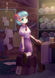 Size: 2480x3508 | Tagged: safe, artist:jeremywithlove, coco pommel, human, equestria girls, g4, ascot, blouse, bolt, book, cloth, clothes, cocobetes, cute, equestria girls-ified, female, hair ornament, high res, humanized, indoors, long skirt, looking at you, moe, ottoman (furniture), ponyquin, poofy shoulders, shelf, shoes, signature, skirt, socks, solo, spool, table, wind chime