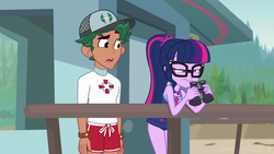 Size: 1920x1080 | Tagged: safe, screencap, sci-twi, timber spruce, twilight sparkle, equestria girls, g4, my little pony equestria girls: better together, unsolved selfie mysteries, binoculars, clothes, duo, duo male and female, female, geode of telekinesis, glasses, lifeguard timber, magical geodes, male, one-piece swimsuit, ponytail, sci-twi swimsuit, shipping, shorts, sleeveless, straight, swimsuit, timbertwi