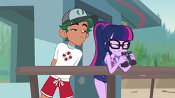 Size: 1920x1080 | Tagged: safe, screencap, sci-twi, timber spruce, twilight sparkle, equestria girls, g4, my little pony equestria girls: better together, unsolved selfie mysteries, binoculars, clothes, female, geode of telekinesis, lifeguard timber, magical geodes, male, ponytail, sci-twi swimsuit, shorts, sleeveless, swimsuit