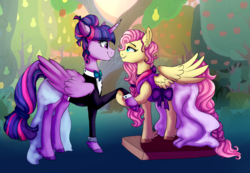 Size: 1500x1040 | Tagged: safe, artist:saphi-boo, fluttershy, twilight sparkle, alicorn, pegasus, pony, g4, apple tree, bow, bowtie, clothes, cloven hooves, dress, female, hoof hold, horn, intertwined trees, lesbian, looking at each other, marriage, necktie, pear tree, ship:twishy, shipping, smiling, sweet apple acres, tree, tuxedo, twilight sparkle (alicorn), veil, wedding, wings