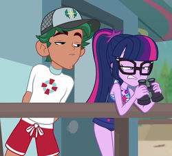 Size: 1145x1035 | Tagged: safe, screencap, sci-twi, timber spruce, twilight sparkle, equestria girls, g4, my little pony equestria girls: better together, unsolved selfie mysteries, binoculars, clothes, cropped, female, geode of telekinesis, glasses, lifeguard timber, magical geodes, male, ponytail, sci-twi swimsuit, shorts, sleeveless, swimsuit