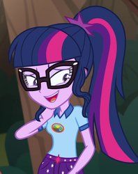 Size: 632x800 | Tagged: safe, screencap, sci-twi, twilight sparkle, equestria girls, g4, my little pony equestria girls: legend of everfree, camp everfree logo, camp everfree outfits, clothes, cropped, female, glasses, ponytail, shorts, smiling, solo