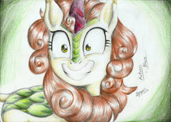Size: 1280x909 | Tagged: safe, artist:3500joel, autumn blaze, kirin, g4, sounds of silence, awwtumn blaze, colored pencil drawing, cute, faic, female, grin, pinpoint eyes, smiling, solo, traditional art