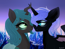 Size: 1400x1050 | Tagged: safe, artist:pinkamenascratch, nightmare moon, queen chrysalis, alicorn, changeling, changeling queen, pony, g4, boop, crossed horns, cute, cute little fangs, cutealis, fangs, female, horn, horns are touching, lesbian, looking at each other, mare, moonabetes, night, noseboop, ship:chrysmoon, shipping, signature, slit pupils