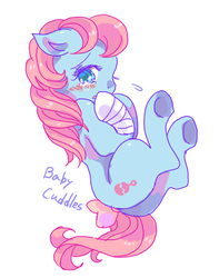 Size: 500x636 | Tagged: safe, artist:tsukuda, baby cuddles, earth pony, pony, g1, my little pony 'n friends, the end of flutter valley, bandage, blushing, bow, crying, female, filly, injured, signature, simple background, solo, tail bow, teary eyes, white background