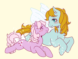 Size: 920x700 | Tagged: safe, artist:tsukuda, baby lickety-split, morning glory, earth pony, flutter pony, pony, g1, my little pony: the movie (g1), baby, baby licketybetes, blushing, bow, female, filly, lesbian, looking at each other, looking at someone, lying down, mare, morningdorable, morningsplit, prone, shipping, simple background, tail bow, yellow background