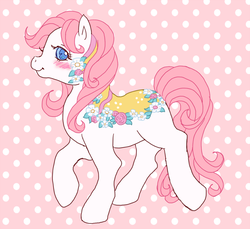 Size: 818x750 | Tagged: safe, artist:tsukuda, flower bouquet, g1, abstract background, blushing, merry go round pony, smiling