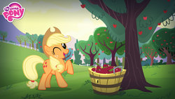 Size: 1920x1080 | Tagged: safe, applejack, earth pony, pony, g4, official, restore the elements of magic, apple, apple tree, applejack's hat, bucket, cowboy hat, female, food, game, hat, looking at you, mare, my little pony logo, one eye closed, open mouth, orchard, raised hoof, smiling, solo, sweet apple acres, tree, wallpaper, wink, winking at you