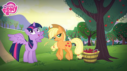 Size: 1920x1080 | Tagged: safe, applejack, twilight sparkle, alicorn, earth pony, pony, g4, official, restore the elements of magic, apple, apple tree, applejack's hat, bucket, cowboy hat, crossed legs, duo, duo female, female, food, hat, lidded eyes, looking at you, looking up, mare, my little pony logo, open mouth, orchard, smiling, straw in mouth, sweet apple acres, tree, twilight sparkle (alicorn), wallpaper